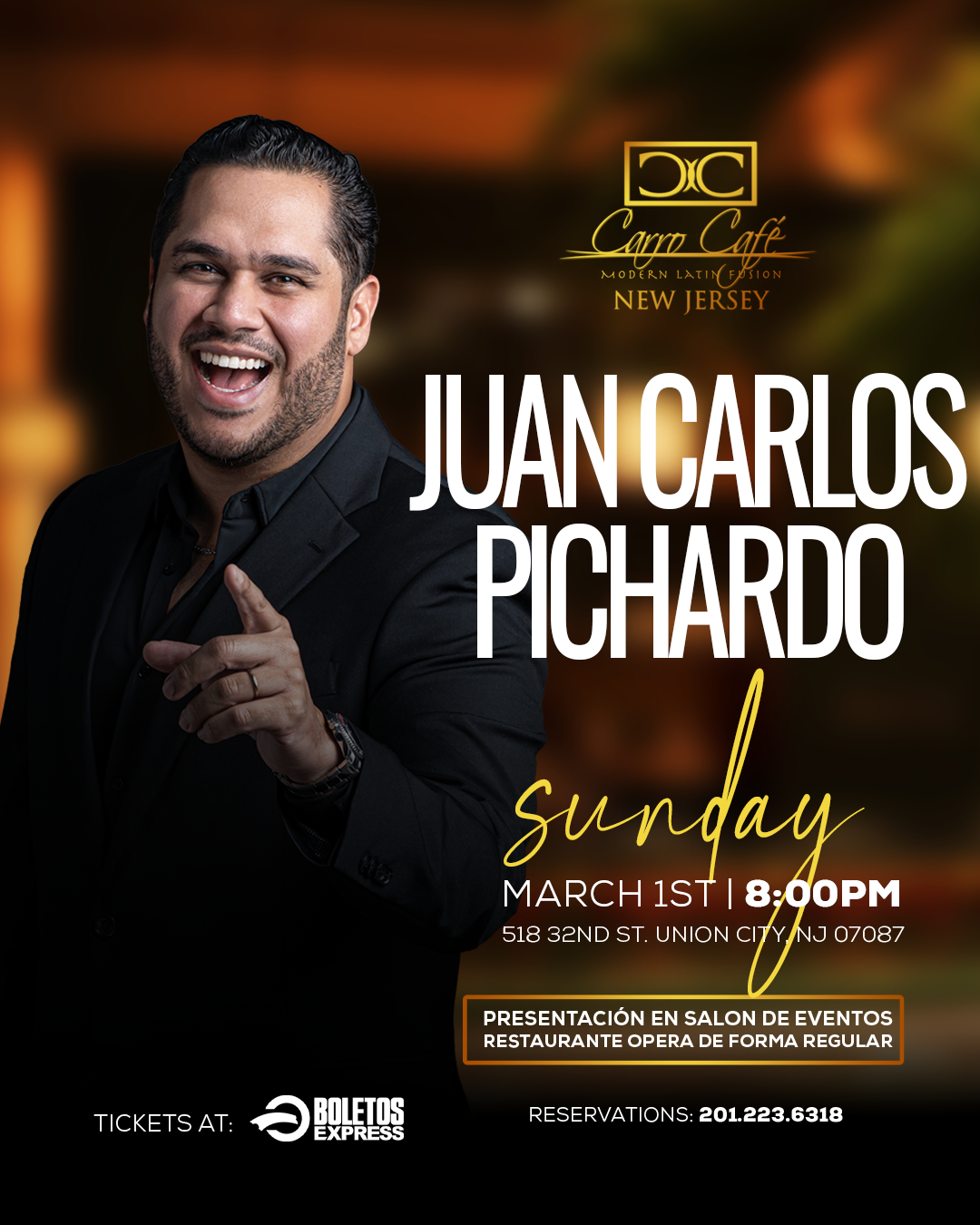 Buy tickets for JUAN CARLOS PICHARDO @ CARRO CAFE - UNION CITY, NJ JUAN CARLOS PICHARDO @ CARRO CAFE - UNION CITY, NJ
