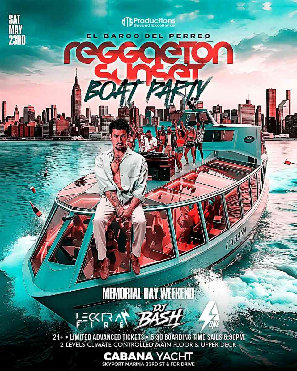 Buy tickets for Reggaeton Sunset Boat Party NYC – Memorial Day Weekend at Cabana Yacht Reggaeton Sunset Boat Party NYC – Memorial Day Weekend at Cabana Yacht