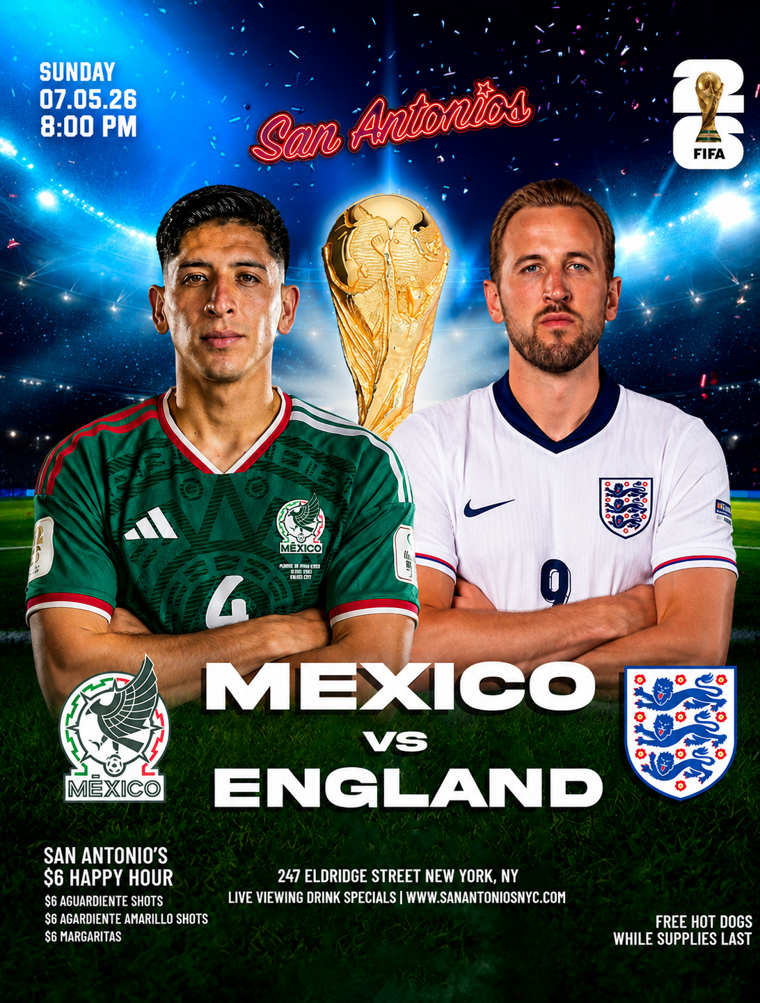 Buy tickets for FIFA WORLD CUP 2026 WATCH PARTY: MEXICO vs ENGLAND at San Antonios Bar NYC FIFA WORLD CUP 2026 WATCH PARTY: MEXICO vs ENGLAND at San Antonios Bar NYC